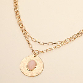 Oval Stone Center Hammered Disc Pendant Layered Necklace