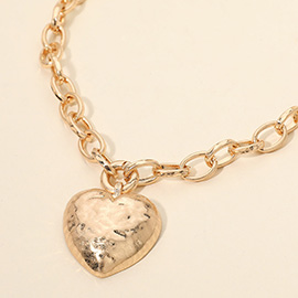Chunky Hammered Metal Heart Pendant Statement Necklace