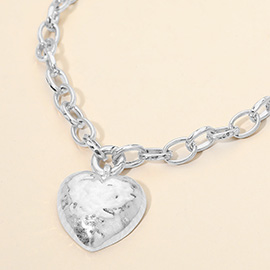 Chunky Hammered Metal Heart Pendant Statement Necklace