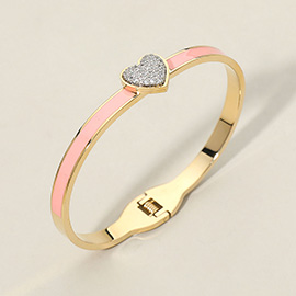 Stainless Steel CZ Stone Paved Heart Accent Hinged Bangle Bracelet