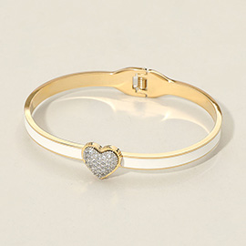 Stainless Steel CZ Stone Paved Heart Accent Hinged Bangle Bracelet