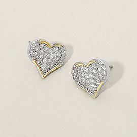 14K Gold Plated Two Tone CZ Paved Heart Stud Earrings