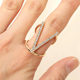 SECRET BOX_14K Gold Dipped Stone Paved V Accent Bold Adjustable Ring