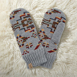 Ribbed Cuff Aztec Patterned Knit Winter Mittens