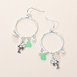 Lobster Sea Glass Charm Drop Open Ring Dangle Earrings