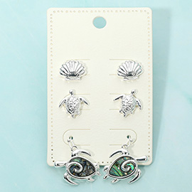 3Pairs - Metal Shell Turtle Stud Abalone Stud Drop Dangle Earring Set