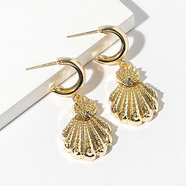 Gold Dipped Textured Scallop Shell Drop Dangle Mini Hoop Earrings
