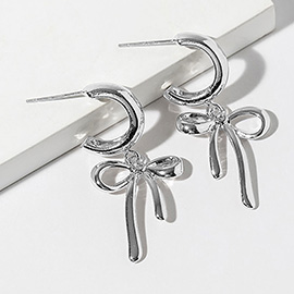 White Gold Dipped Bow Drop Dangle Mini Hoop Earrings
