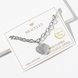White Gold Dipped CZ Stone Paved Puffy Heart Charm Magnetic Chain Bracelet