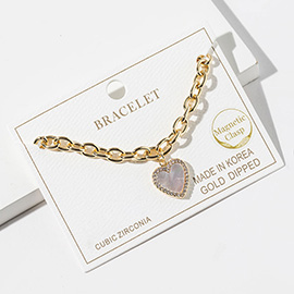 Gold Dipped CZ Stone Rim Mother of Pearl Heart Charm Magnetic Chain Bracelet