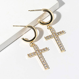 Gold Dipped CZ Stone Paved Cross Drop Dangle Mini Hoop Earrings