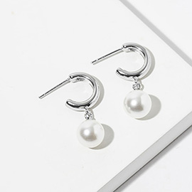 White Gold Dipped Pearl Drop Mini Hoop Earrings