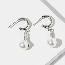 White Gold Dipped CZ Bar Pearl Drop Mini Hoop Earrings