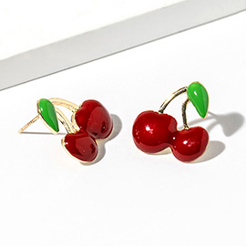 Gold Dipped Enamel Cherry Stud Earrings