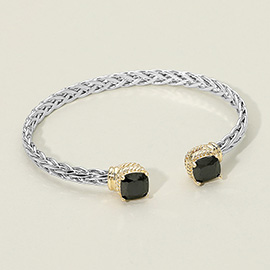 14K Gold Plated CZ Stone Tip Two Tone Braided Cuff Bracelet