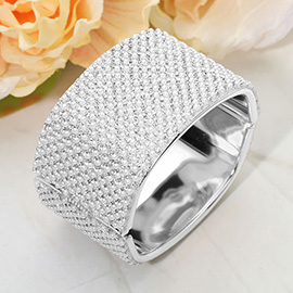 Wide Pearl Paved Hinged Evening Bangle Bracelet