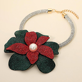 Pearl Centered Bling Studded Oversized Flower Pointed Necklace