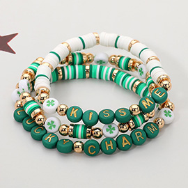 3PCS - St Patricks Day Word Charm Heishi Beaded Stretch Multi Layered Bracelets