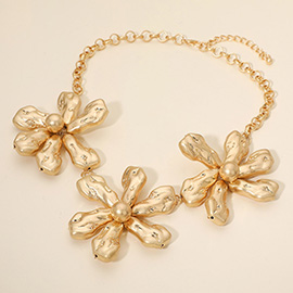 Triple Puffy Metal Flower Link Statement Necklace