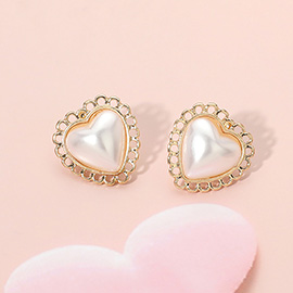 Lace Edge Pearl Heart Stud Earrings