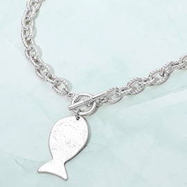 Brushed Metal Fish Charm Toggle Necklace