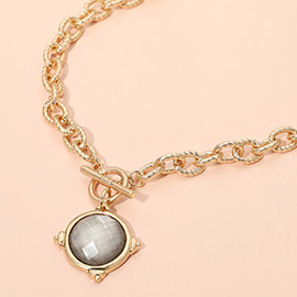 Faceted Round Stone Charm Pendant Toggle Necklace
