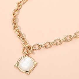 Faceted Round Stone Charm Pendant Toggle Necklace