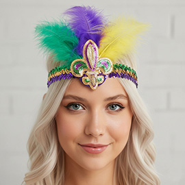 Mardi Gras Fleur de Lis Feather Sequin Stretch Headband