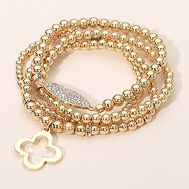 4PCS - Open Quatrefoil Charm Accent Metal Ball Beaded Stretch Multi Layered Bracelets