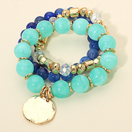 3PCS - Hammered Metal Disc Charm Accent Beaded Stretch Multi Layered Bracelets