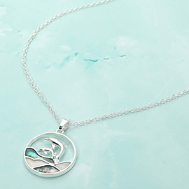 Abalone Double Dolphin Wave Round Pendant Necklace