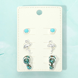 3Pairs - Flamingo Flip Flop Stud Earring Set