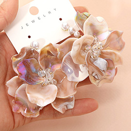Bold Layered Petal Floral Pearl Drop Statement Earrings