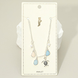Sea Turtle Sea Glass Pearl Charm Station Anklet