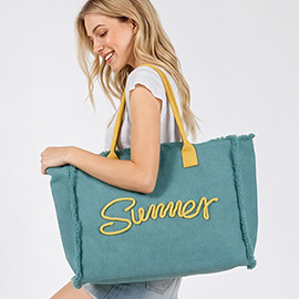 SUMMER Message Embroidered Fringe Canvas Tote Bag / Beach Bag