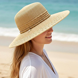 Starfish Charm Sequin band Wide Brim Straw Sun Hat