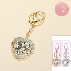 12PCS - Rhinestone Trimmed Heart Stone Keychains