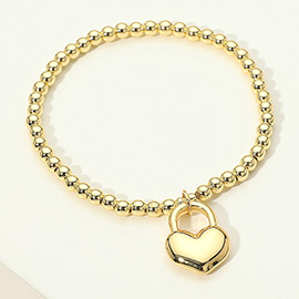 Stainless Steel Heart Lock Charm Beaded Stretch Bracelet