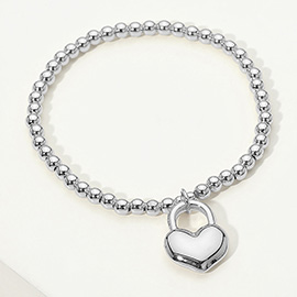 Stainless Steel Heart Lock Charm Beaded Stretch Bracelet