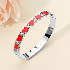 Stainless Steel Enamel Heart CZ Stone Hinged Bangle Bracelet