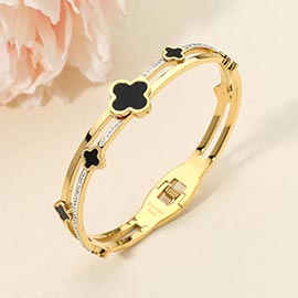 Stainless Steel Quatrefoil CZ Stone Split Hinged Bangle Bracelet