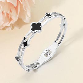 Stainless Steel Quatrefoil CZ Stone Split Hinged Bangle Bracelet