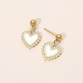 Stainless Steel CZ Trim Mother of Pearl Heart Charm Dangle Earrings