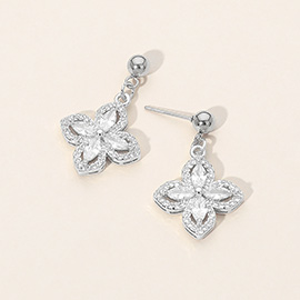 Stainless Steel CZ Flower Charm Dangle Earrings