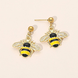 Stainless Steel CZ Stone Paved Enamel Honey Bee Dangle Earrings
