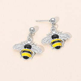 Stainless Steel CZ Stone Paved Enamel Honey Bee Dangle Earrings