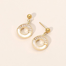 Stainless Steel CZ Pave Mother of Pearl Detail Open Circle Charm Dangle Earrings