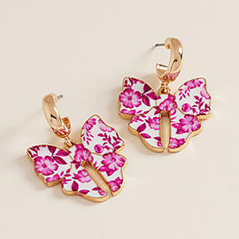 Floral Bow Charm Drop Dangle Mini Hoop Earrings