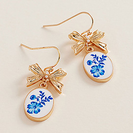 Bow Enamel Oval Floral Charm Link Drop Dangle Earrings