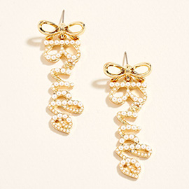 Bow Script Pearl BRIDE Message Drop Dangle Earrings